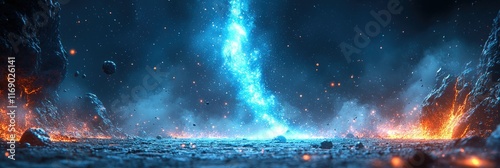 Fiery, icy landscape with a celestial beam.