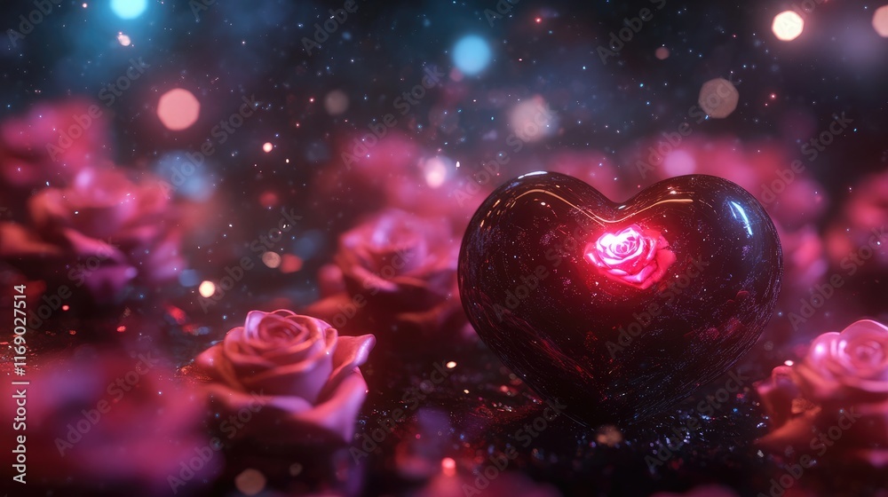 A dreamy depiction of a chocolate heart surrounded by glowing rose holograms, set against a cosmic-themed background, [futuristic Valentine], [ethereal love] 