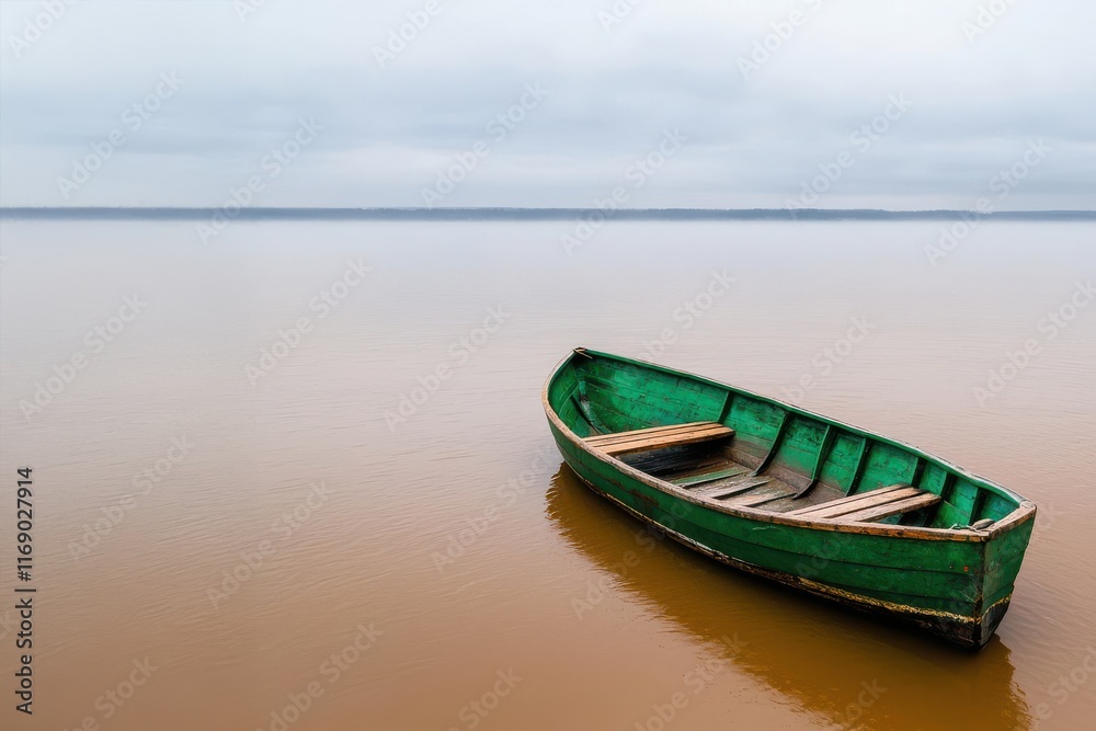 Abandoned green boat on still water under a cloudy sky. Abandoned green boat on still water under a cloudy sky.