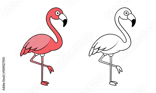 Cute coloring page for kids. Flamingo cute vector illustration cartoon isolated on white background. Flamingo vector colored and colorless. 