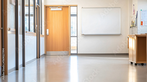 bright and inviting classroom door leads to spacious learning environment with natural light, whiteboard, and clean, organized layout