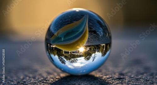 Glass Marble Reflecting Sunset Landscape
