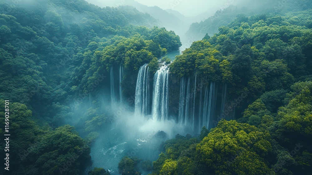 Fototapeta premium Lush green forest waterfall mist aerial view.