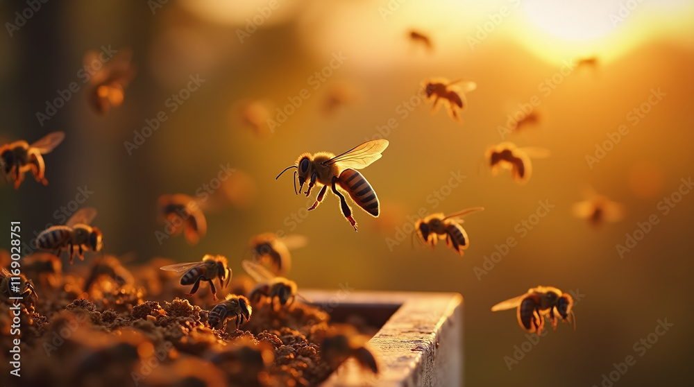 Bees Swarming Around Hive, Honeybees Collecting Nectar from Flowers to Produce Honey Bees Swarming Around Hive, Honeybees Collecting Nectar from Flowers to Produce Honey