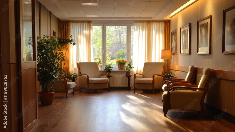 Sunlit, welcoming waiting area with comfortable chairs, plants, and natural light. Sunlit, welcoming waiting area with comfortable chairs, plants, and natural light.