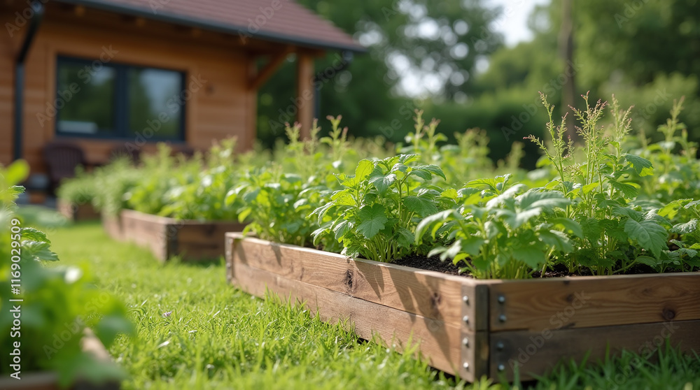 Growing Homegrown Vegetables, Herbs and Fruits in Modern Garden of Raised Beds, Vertical Planting Growing Homegrown Vegetables, Herbs and Fruits in Modern Garden of Raised Beds, Vertical Planting