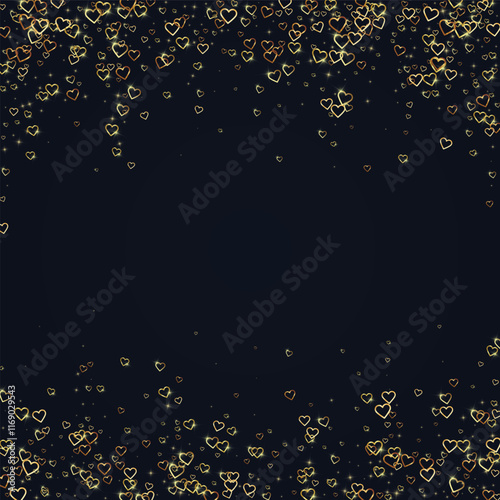 Gold hearts scattered on black background.
