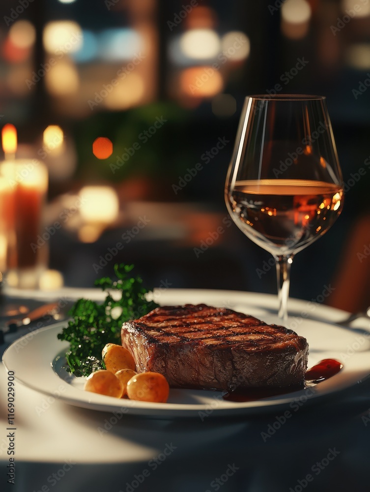 Side view of steak meal with glass of wine in a restaurant setting, with evening ambiance , steak, meal, food, wine, glass Side view of steak meal with glass of wine in a restaurant setting, with evening ambiance , steak, meal, food, wine, glass