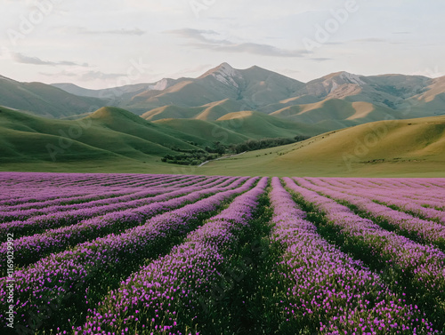 vibrant flower field with rolling hills in background creates serene landscape. purple blooms contrast beautifully with green hills, evoking sense of tranquility and natural beauty