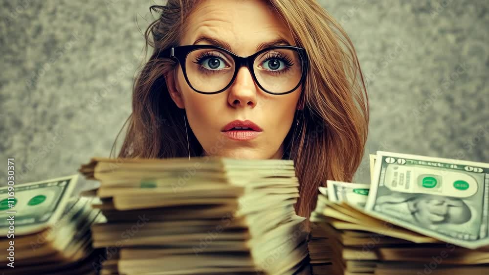 Woman holds stacks of cash with excitement in a stylish indoor setting
