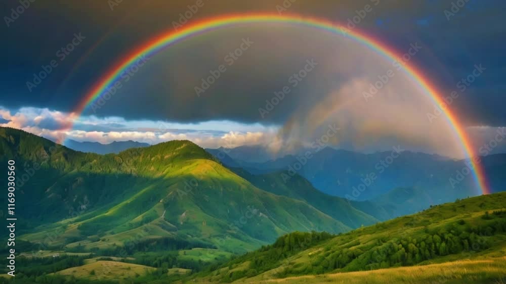 natural rainbow forming over the mountains after a light rain, blending perfectly with the colorful surroundings, 4k lofi hip-hop bites landscape music video natural rainbow forming over the mountains after a light rain, blending perfectly with the colorful surroundings, 4k lofi hip-hop bites landscape music video