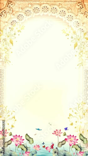 indian wedding invitation background with ornate archway featuring water lilies, butterflies, and floral designs, perfect for wedding invitations, gardenthemed designs, or elegant event promotions. photo