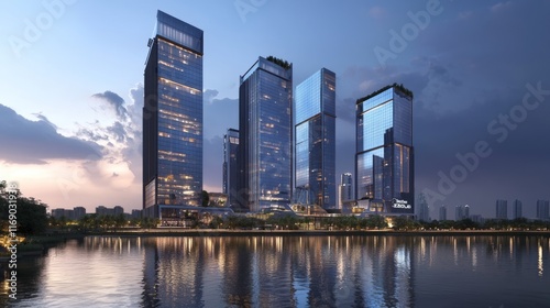 Futuristic India: Illuminated Tech Park at Night with City Reflections - Photorealistic Cinematic Image