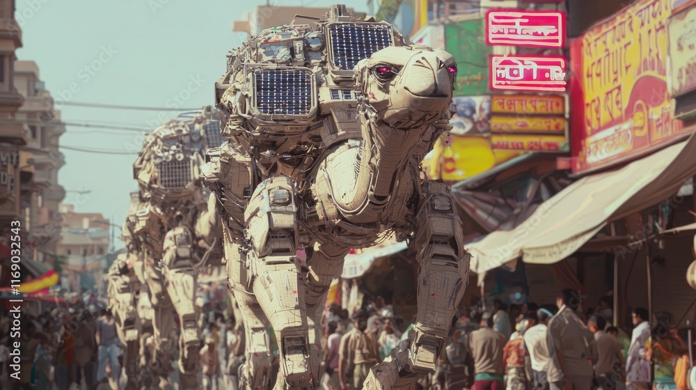 Naklejka premium Vibrant Futuristic Indian Robotic Marketplace with Solar-Powered Camels and Neon Signs - Cinematic Ultra-Detailed Image