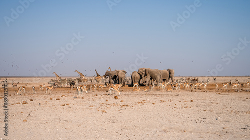 Wildlife Gathering at a Waterhole in an African Savannah Landscape