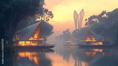Futuristic India: Contemporary Houseboat Community with Solar Sails and Eco-Friendly Materials Enhanced by River Reflections and Morning Mist