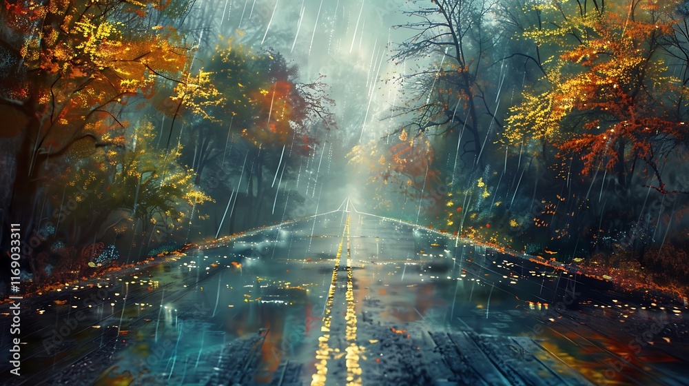 Fototapeta premium light rain falling on rural road with trees on both sides and foggy background