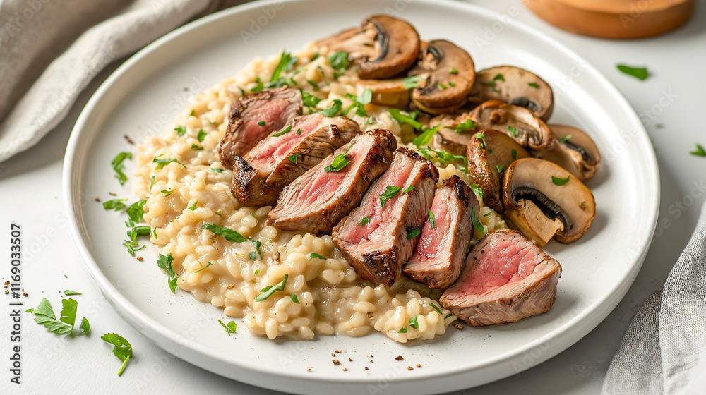 A plate of creamy mushroom risotto paired with sliced, perfectly grilled tenderloin steak, served elegantly on a pristine white plate A plate of creamy mushroom risotto paired with sliced, perfectly grilled tenderloin steak, served elegantly on a pristine white plate