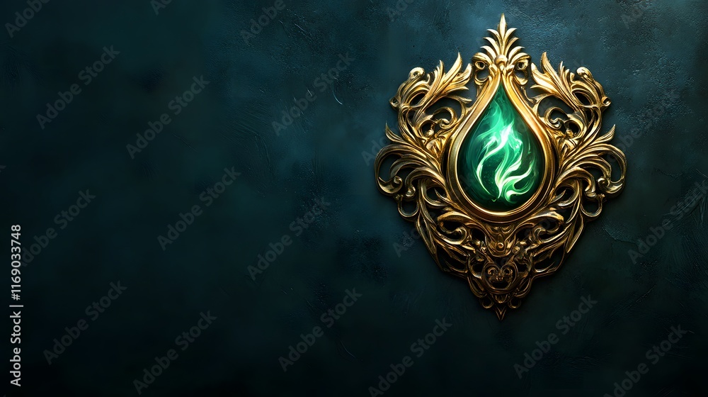 Ornate Golden Frame Encases Glowing Emerald Gemstone Ornate Golden Frame Encases Glowing Emerald Gemstone