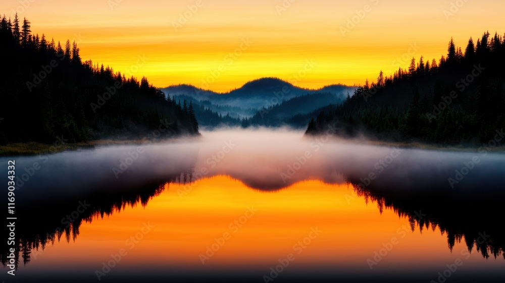 Fototapeta premium Tranquil lake reflecting a colorful sunset and surrounding mountains.