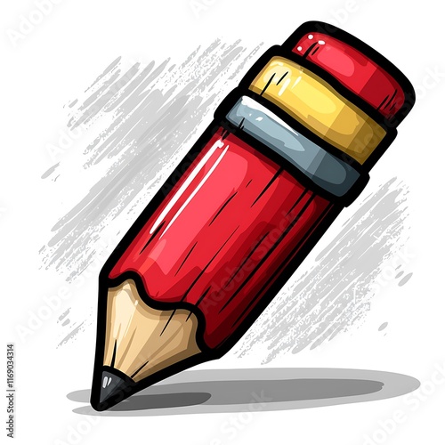 Cartoon red pencil with wood grain, eraser, and graphite tip, angled on white background.