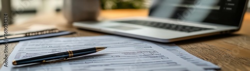 Tax forms, pen, and laptop with a house model on a desk, showcasing real estate finance, tax planning, and modern digital tools for financial management