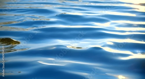 Close-up of shallow water surface with soft ripples and sunlight glinting off the clear blue texture, creating a calming, loop able animation