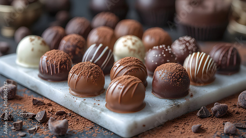 Assorted gourmet chocolate truffles on marble board. (1) photo