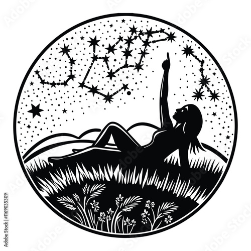 A silhouette of a woman lying on a grassy hill, pointing up at the sky, surrounded by the faint outline of constellations