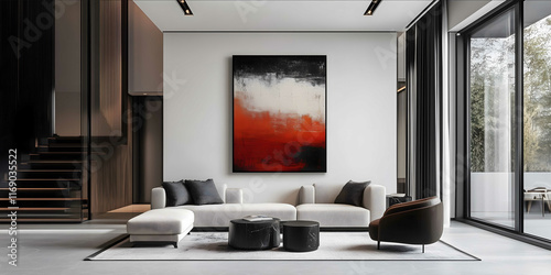 Large villa living room with a small painting on the white wall The decoration is American minimalist style and the home color scheme is black and red photo