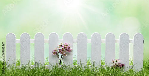 Flowers with fence in spring grass with sky photo