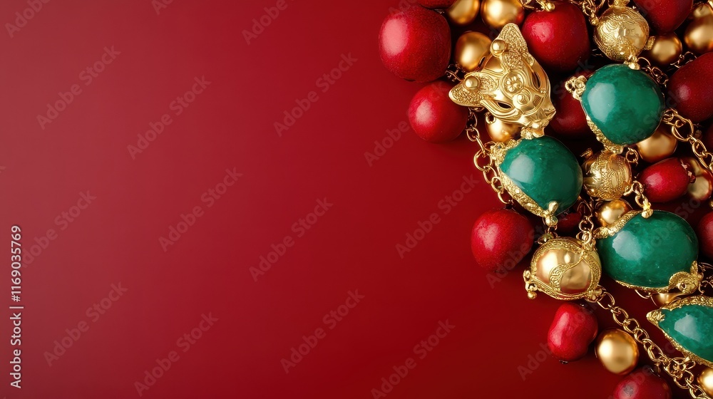Festive Flat Lay Representation of a Chinese New Year Celebration with Red and Green Ornaments on a Vibrant Red Background Festive Flat Lay Representation of a Chinese New Year Celebration with Red and Green Ornaments on a Vibrant Red Background