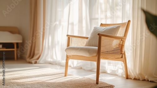 Serene Sunlight Illuminates a Minimalist Cane Chair in a Modern Interior