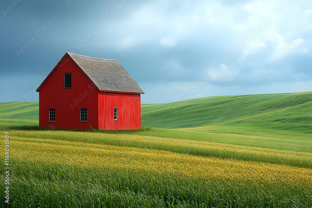 Obraz premium Red barn in rolling green field under a dramatic sky.