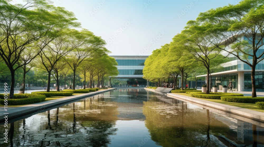 Modern Corporate Oasis: Reflective Water and Greenery Modern Corporate Oasis: Reflective Water and Greenery