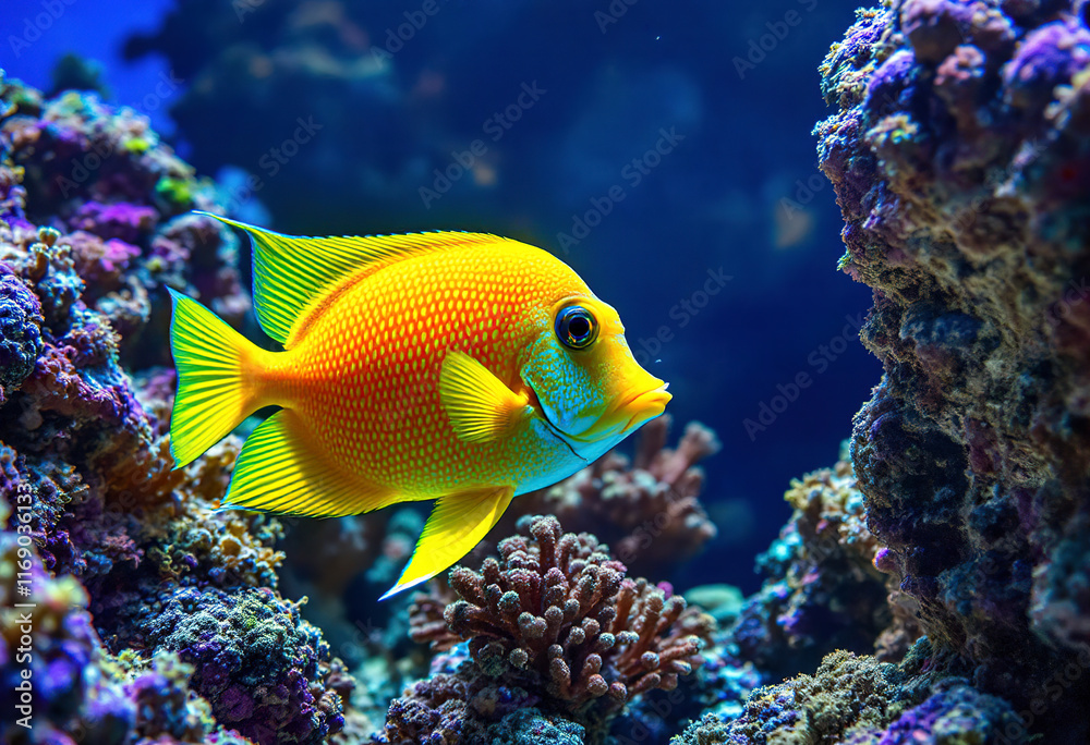 Obraz premium A bright yellow tropical fish swimming among colorful coral reef formations against a deep blue background