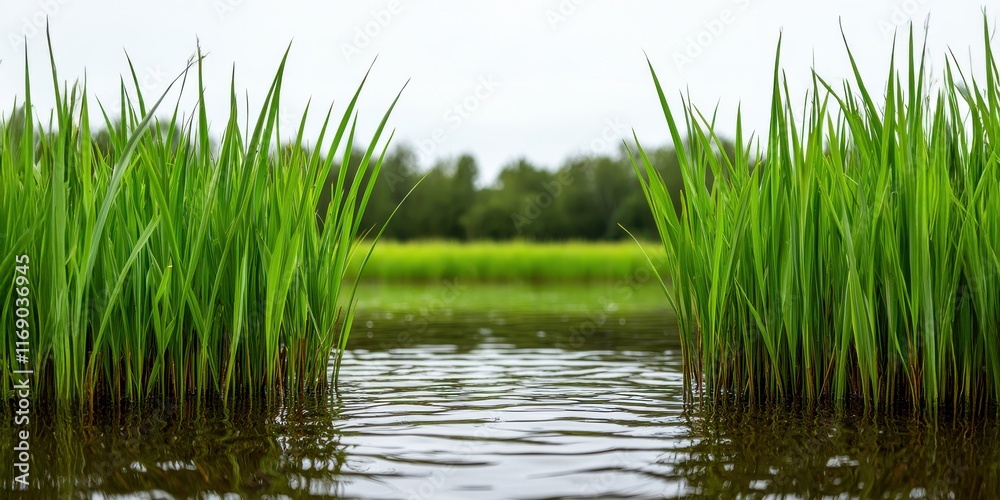 Fototapeta premium Lush green grass by a calm waterbody in a serene landscape.