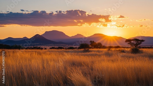 A tranquil scene of the African savannah at dusk, with the sun setting behind a distant mountain range.