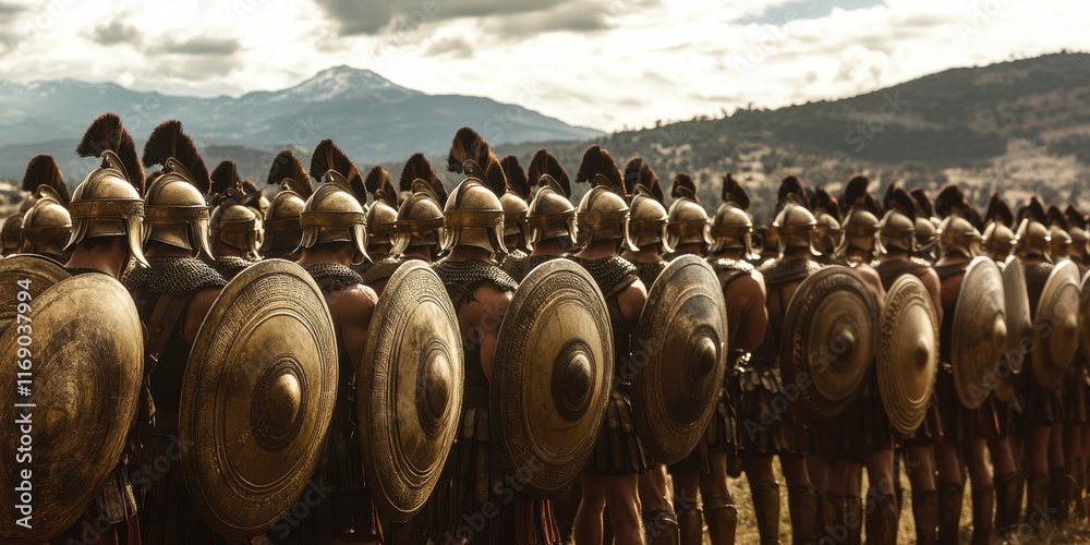 Obraz premium Soldiers in formation prepare for battle amidst the mountains under a dramatic sky