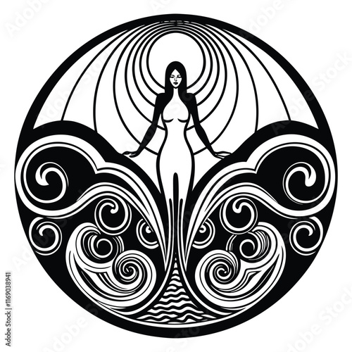 A silhouette of a woman with exaggerated, flowing curves, blending into abstract shapes and patterns around her