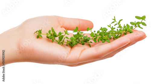 Nurturing growth, a hand holding smallleafed plant, symbolizing care and connection with nature photo