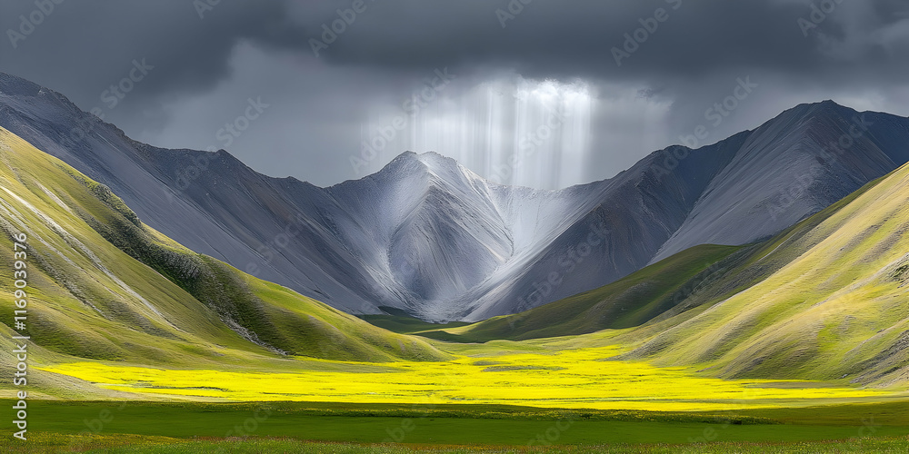 Obraz premium Dramatic Mountain Valley Landscape Illustration