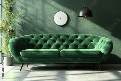 Elegant green velvet sofa in a modern living room. photo