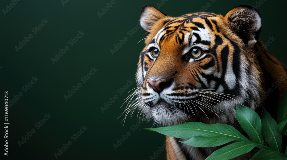 Fototapeta premium majestic tiger gazes thoughtfully, surrounded by lush green leaves, embodying beauty of wildlife. This striking image captures essence of natures elegance and power