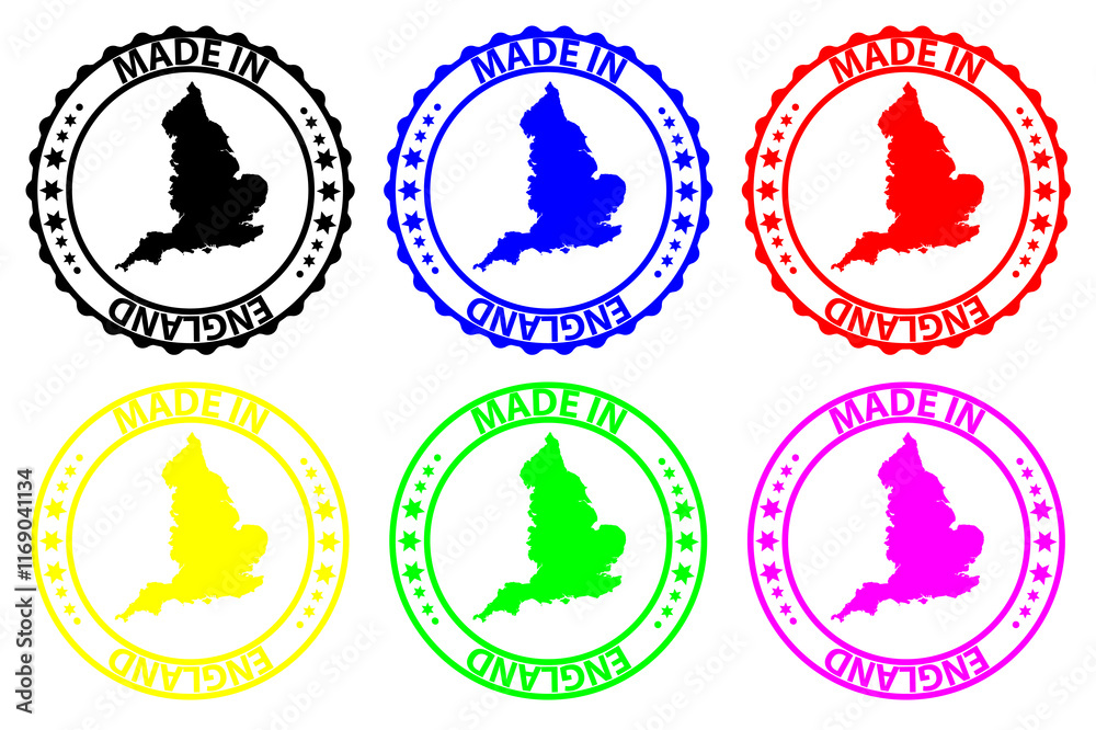 Made in England - rubber stamp - vector, England map pattern - black, blue, green, yellow, purple and red Made in England - rubber stamp - vector, England map pattern - black, blue, green, yellow, purple and red