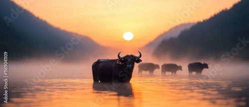 Serene sunset over a river with silhouetted buffaloes in mist.