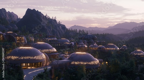 Illuminated Fusion: Futuristic Indian Tribal Settlement at Dawn with Mountainous Backdrop - Ultra-Detailed Cinematic Image photo