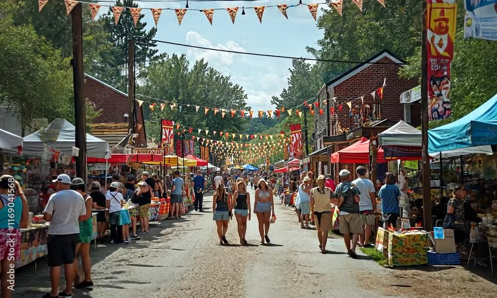 A bustling outdoor market filled with vendors and visitors. A bustling outdoor market filled with vendors and visitors.