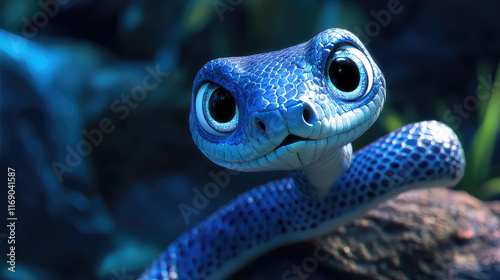 Cute cartoon blue snake with big eyes, perched on a log in a dark forest setting. photo