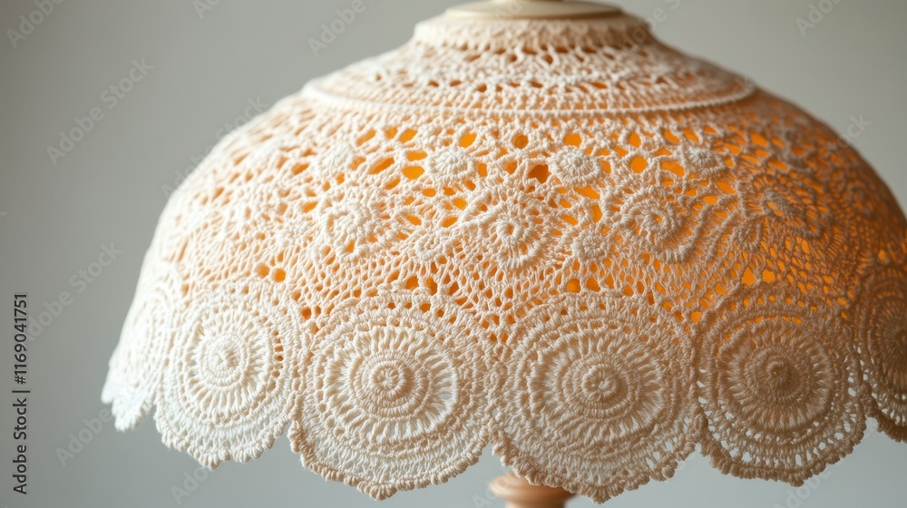 Close-up of a beige crocheted lampshade, showing intricate detailing and soft light. Close-up of a beige crocheted lampshade, showing intricate detailing and soft light.